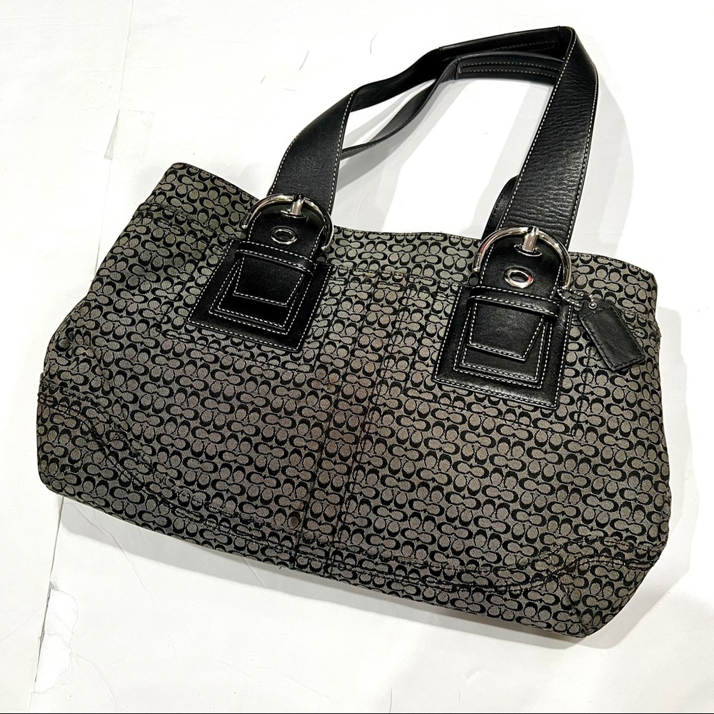 Coach Soho Mini Signature Tote Satchel Handbag Black Gray Jacquard